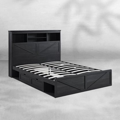 Farmhouse Queen Bed Frame with Headboard, USB Ports and Drawers