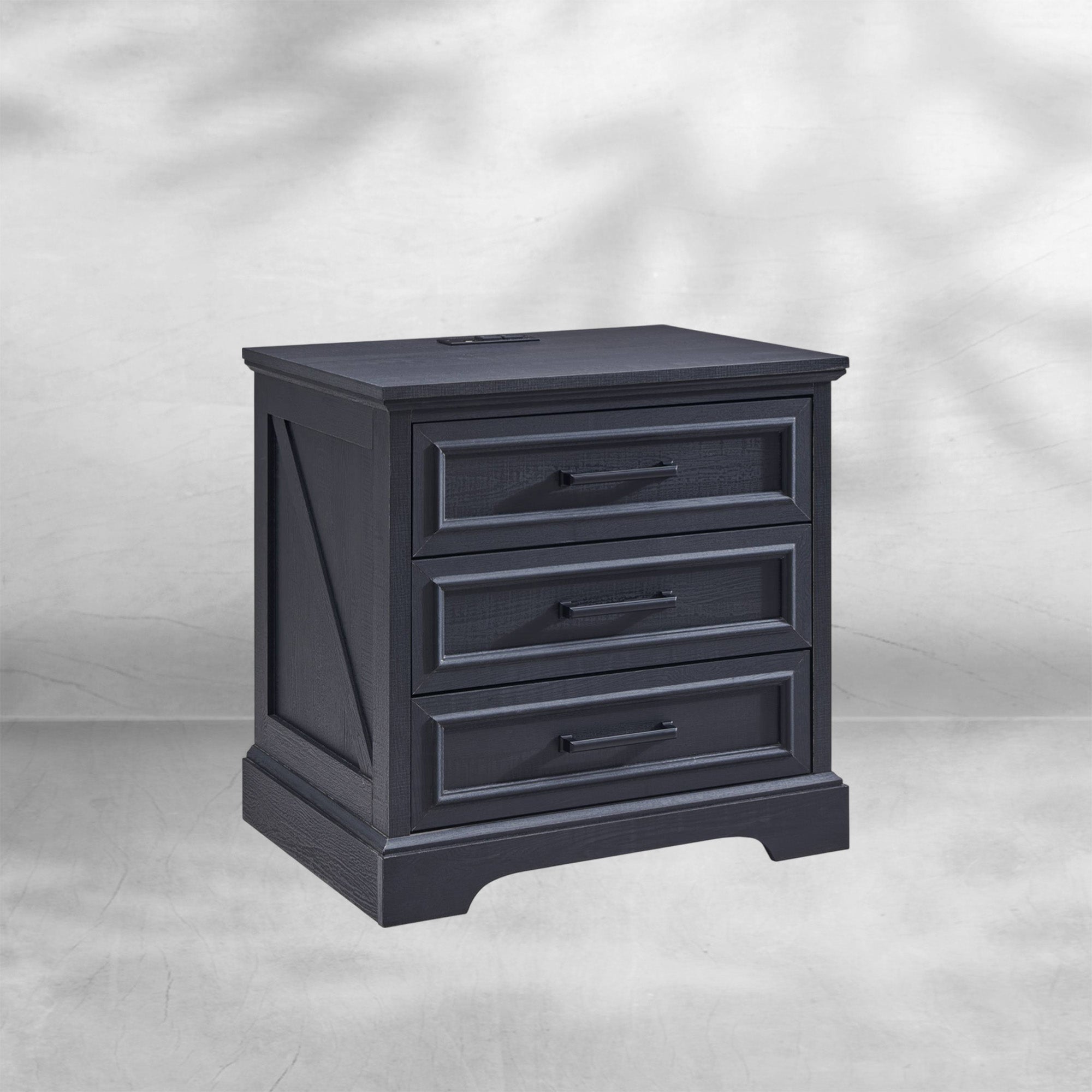 Farmhouse Nightstand with Charging Station Wide End Table Dresser Black 24''