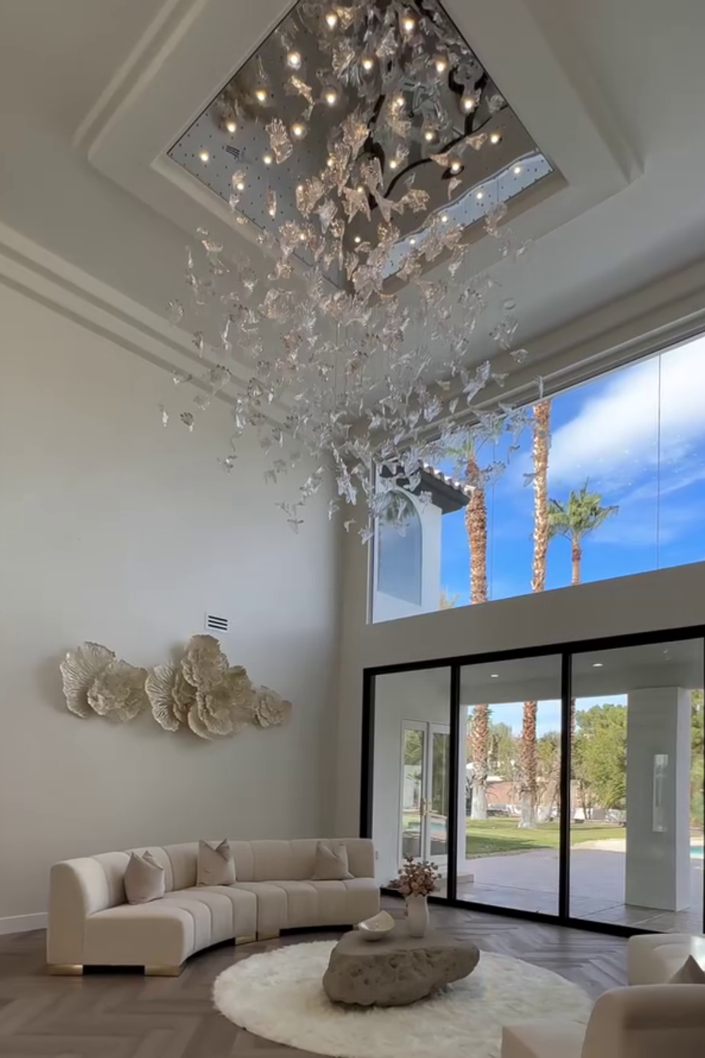 Elegant Modern Floating Maple Glass Chandelier with Square Canopy for High Ceilings