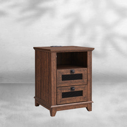 Industrial Nightstand with Charging Station, Rustic Farmhouse End Table