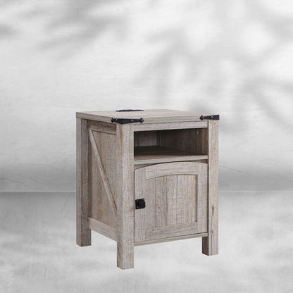 Farmhouse Nightstand with Charging Station Rustic End Table