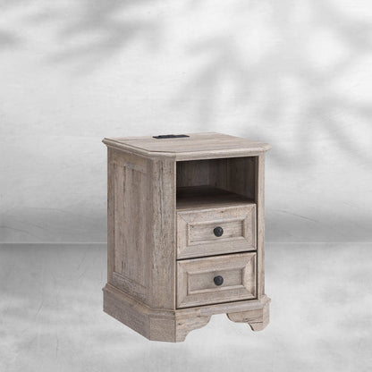 Farmhouse Nightstand with Charging Station Wood End Table Bedside Cabinet