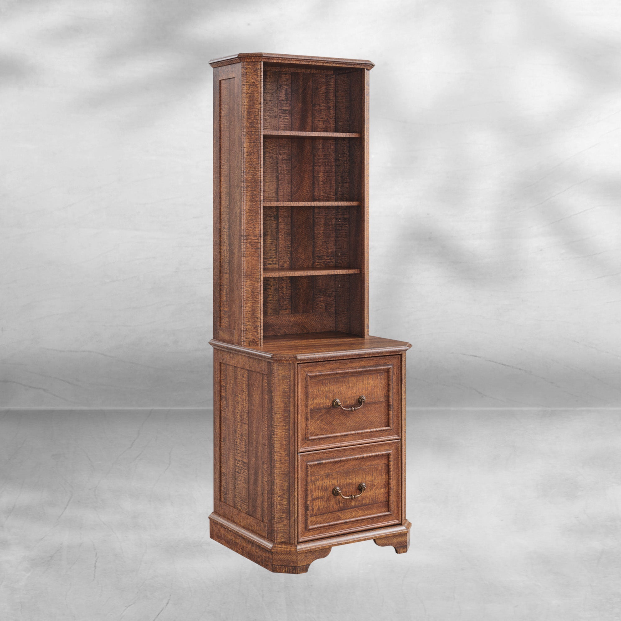 Rustic Oak 6-Tier Bookshelf with Doors and Adjustable Shelves