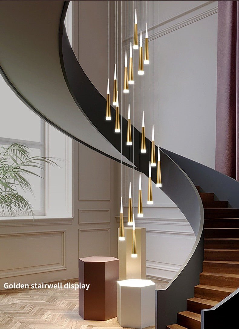 JC Golden/Black LED Hanging Meteor Rain Staircase Chandelier Golden lamp body / 40 Cone tube