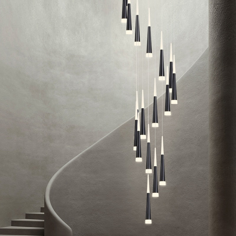 JC Golden/Black LED Hanging Meteor Rain Staircase Chandelier Black lamp body / 25 Cone tube