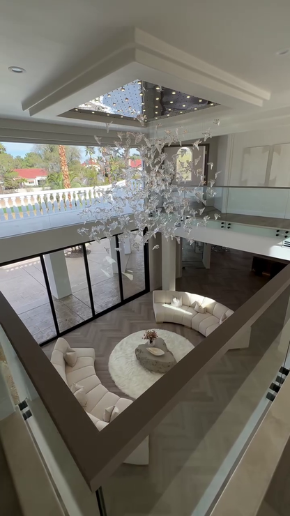 Elegant Modern Floating Maple Glass Chandelier with Square Canopy for High Ceilings