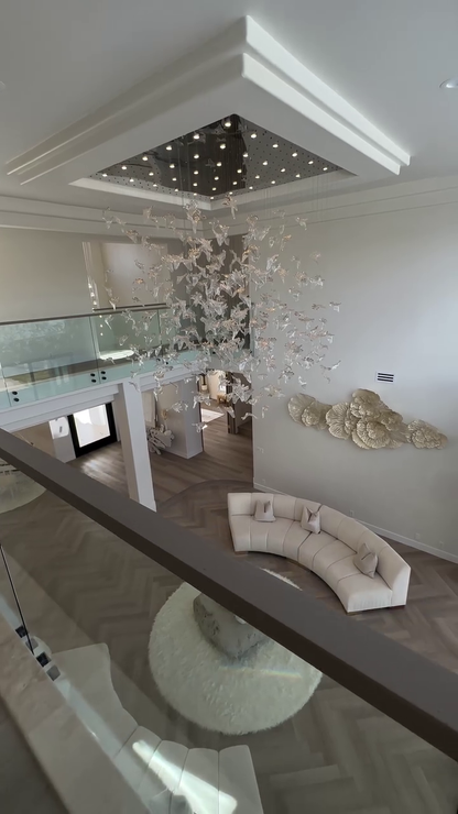Elegant Modern Floating Maple Glass Chandelier with Square Canopy for High Ceilings