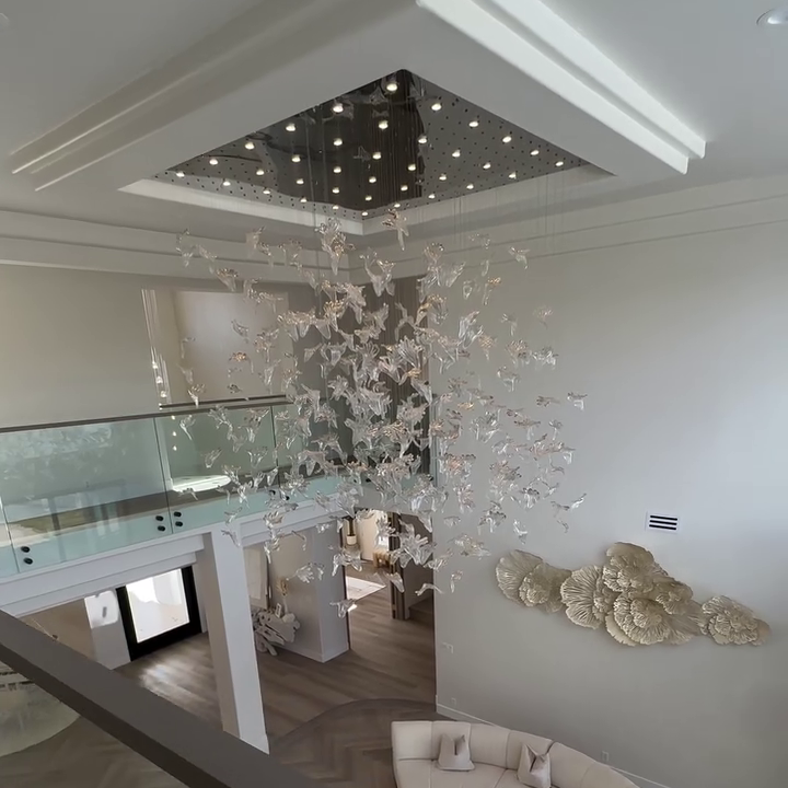 Elegant Modern Floating Maple Glass Chandelier with Square Canopy for High Ceilings