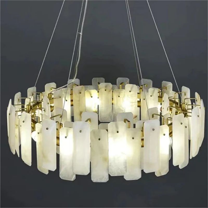 Abriel Modern Solid Brass Alabaster Round Chandelier For Living Room